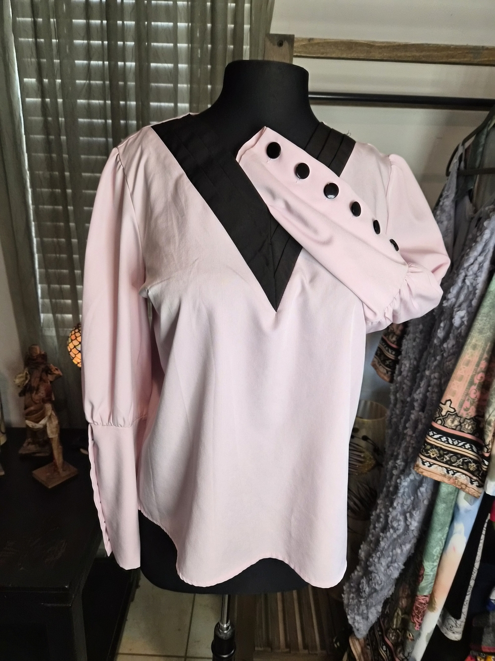 Pink Blouse w/ Black V-Neck Accent & Black Accent Buttons